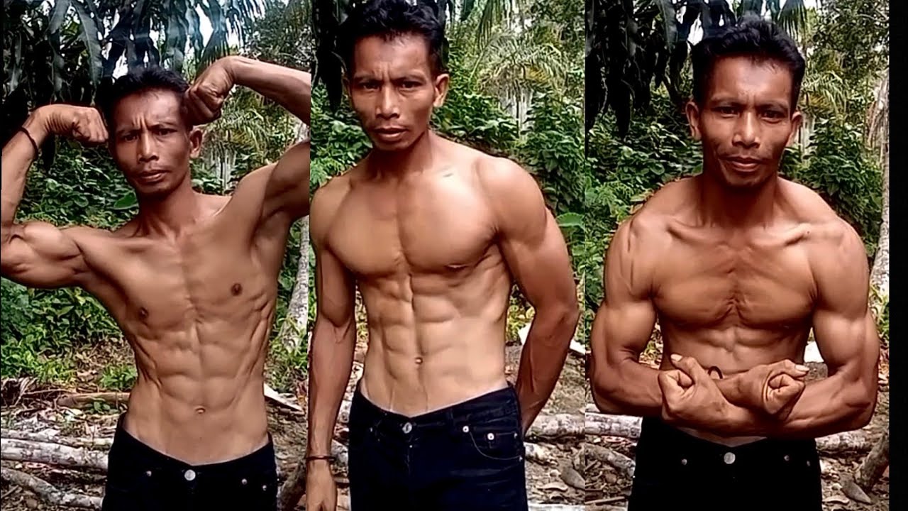 Kuli berotot kering badan kekar pose six pack