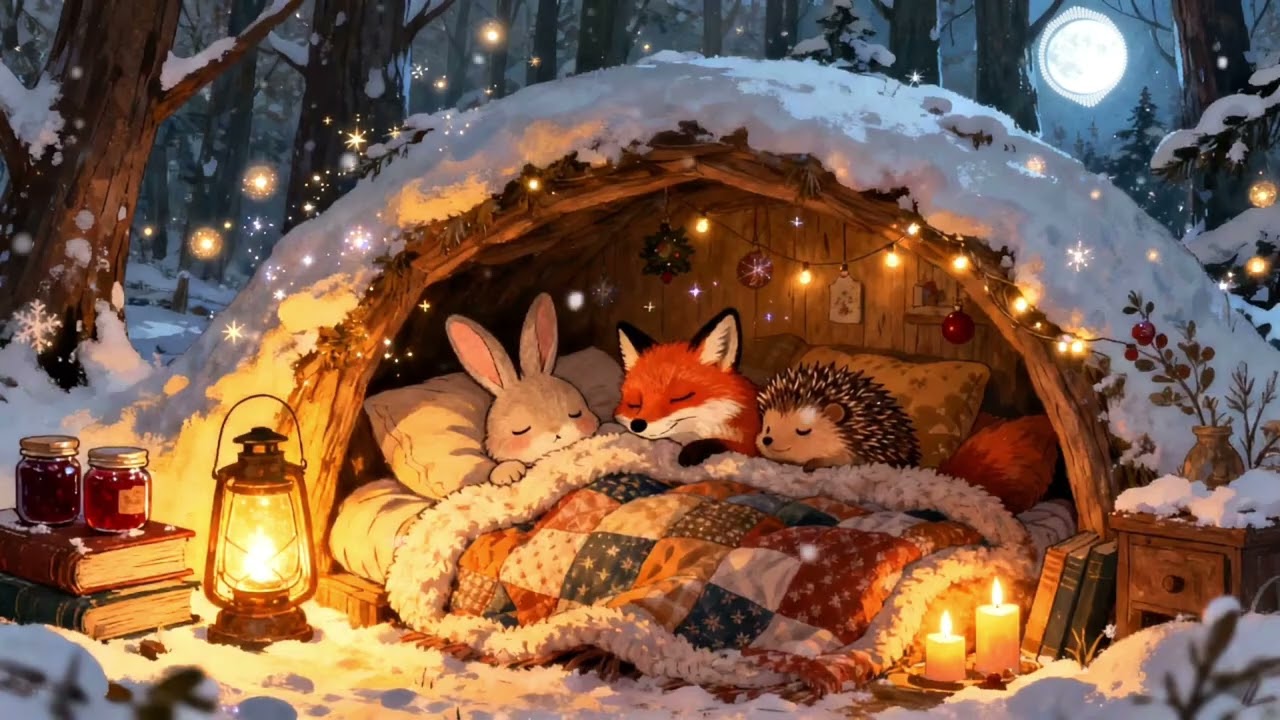 Cozy Winter Forest Jazz ❄️ 2D Animals Sleeping by the Fireplace — Relaxing Piano & Ambience