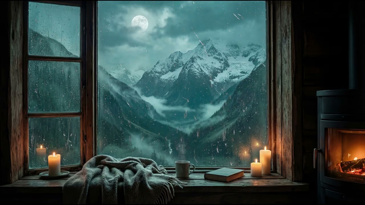 Rain Sound with Soft Piano for Relaxing and Sleep 4K Window of Mountains