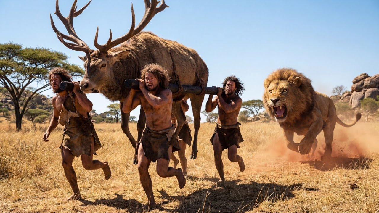 When Primitive Humans Faced a Lion in the Wild