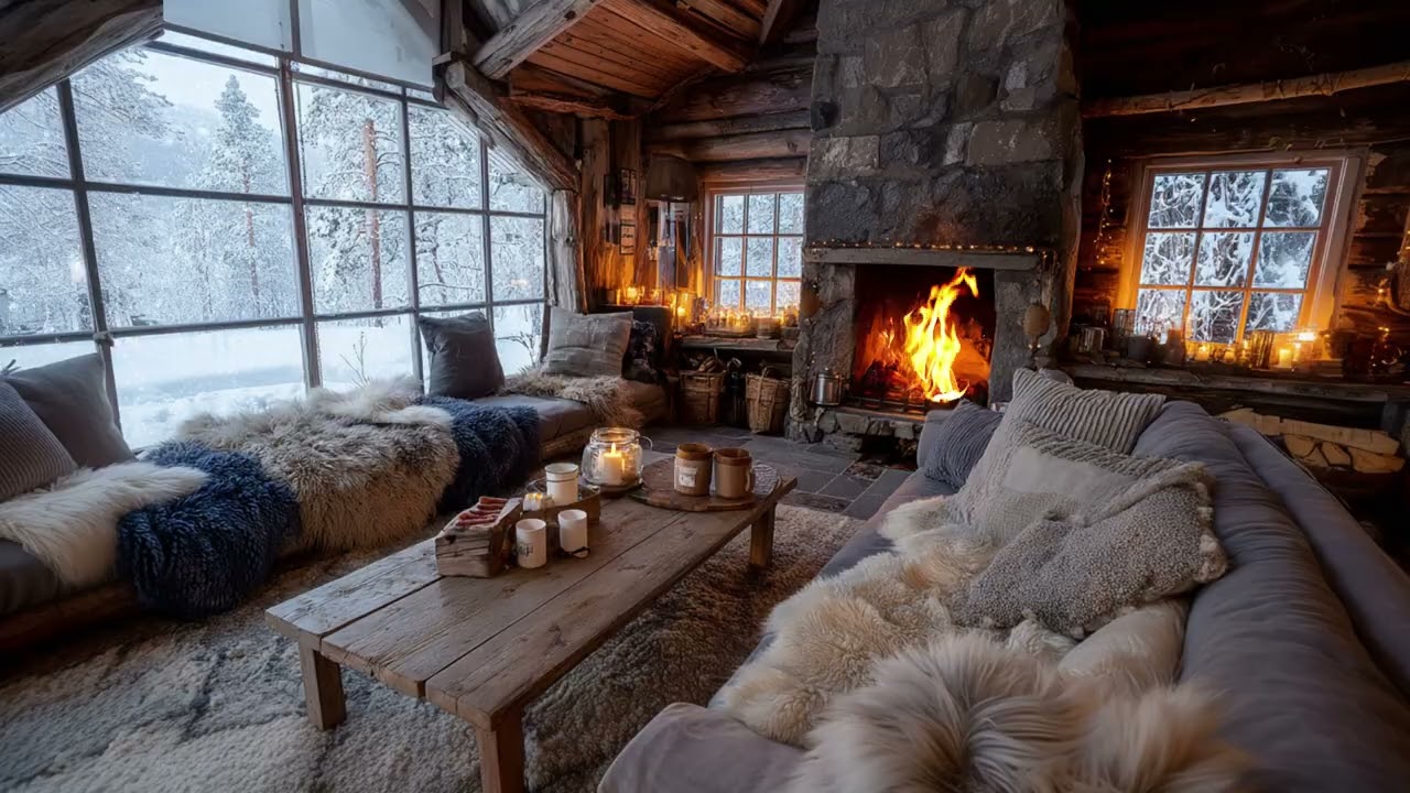 Cozy Winter Room With Fireplace Sounds | Gentle Snow Falling Outside To Guide You Into A Dream