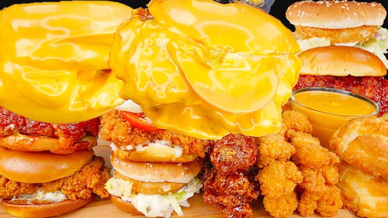 ASMR POPEYES CHEESEBURGER CHICKEN NUGGETS CHEESY FRIES MUKBANG 먹방 チーズハンバーガー チキン 咀嚼音 EATING SOUNDS