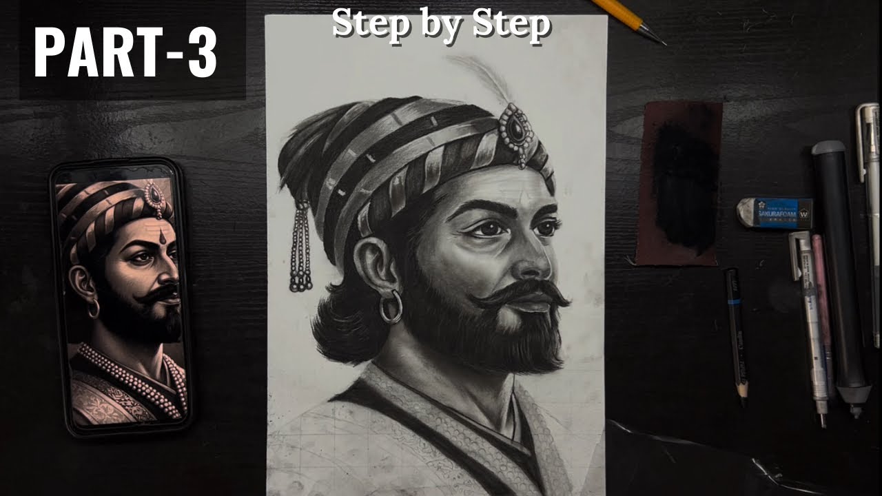 How to draw Chatrapati Shivaji Maharaj | Part 3 - shading of hairs and face |Charcoal Art