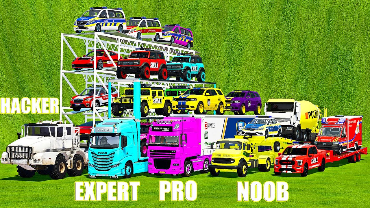 NOOB VS PRO VS EXPERT VS HACKER FLATBED TRANSPORT BATTLE! Farming Simulator 22