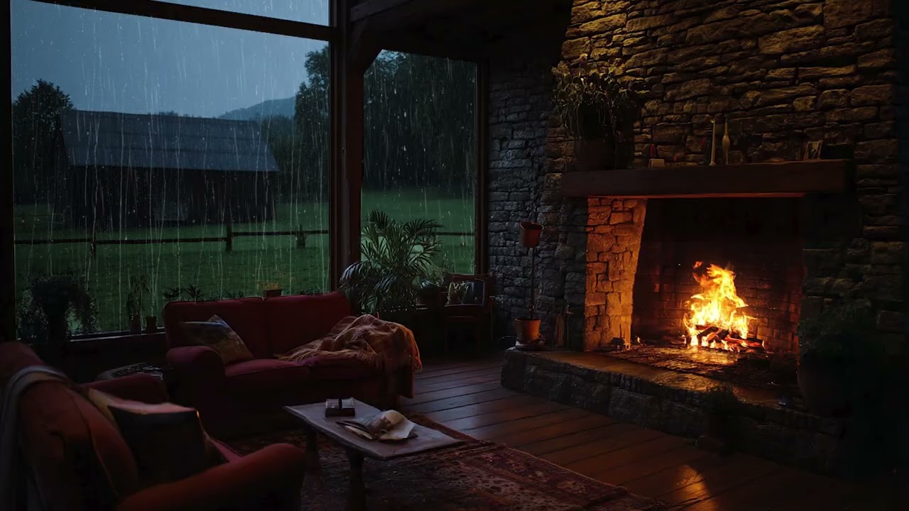 Cozy Fireplace Retreat | Crackling Fire and Soothing Rain on Window for Relaxation