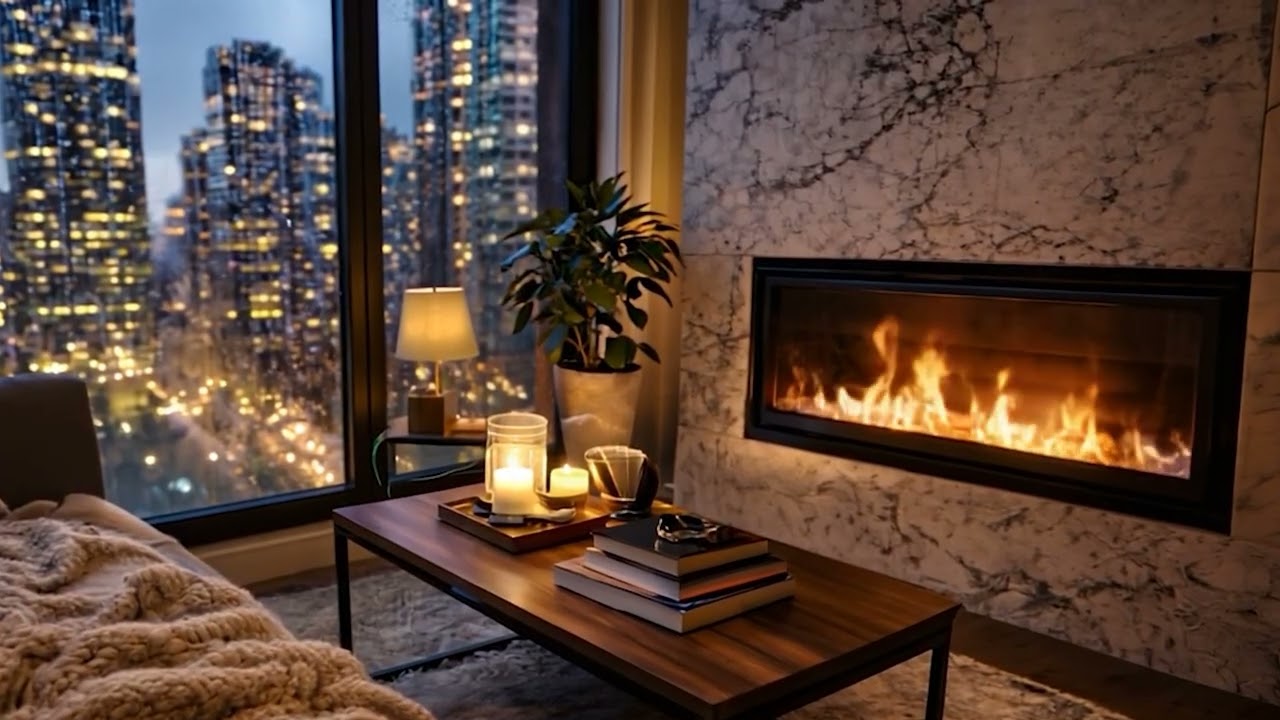 Peaceful Relaxation with Soothing Rain & Fireplace, City Skyline Ambience for Sleep / Relax / Study