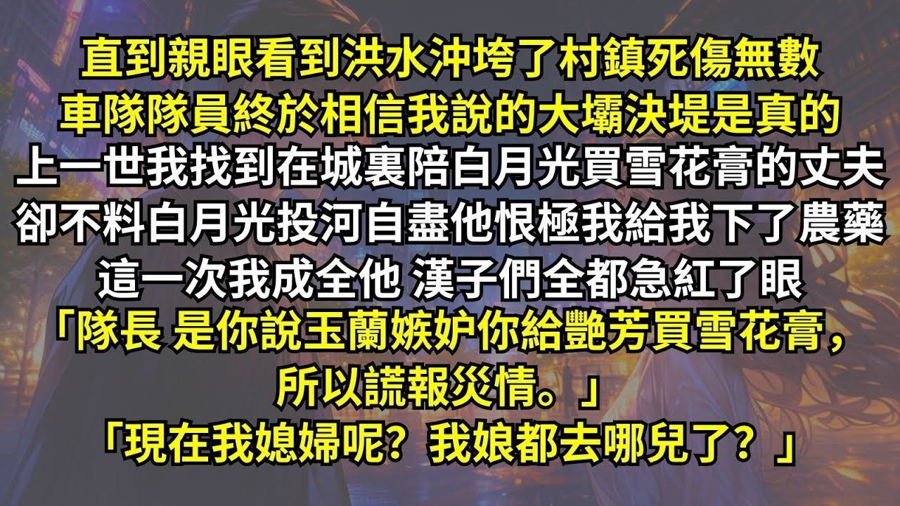 直到洪水沖垮了村鎮，車隊隊員終於相信我說的是真的。上一世我找陪白月光買雪花膏的丈夫，白月光投河他為報復給我下農藥。這一次他被圍了起來：「隊長，你說玉蘭嫉妒你對艷芳好謊報災情，現在我媳婦我娘都去哪