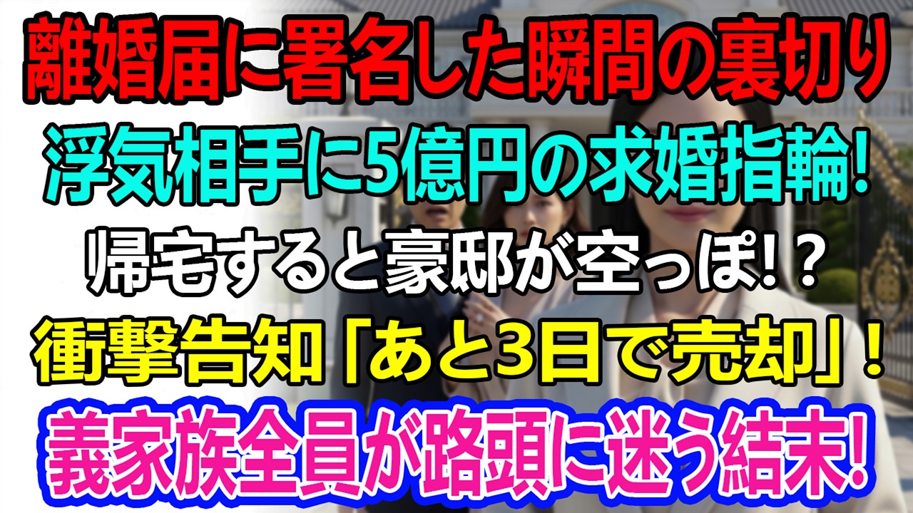 離婚届に署名した直後、夫は愛人に5億円の指輪でプロポーズ。義家族がホテルで祝宴を開いて帰宅すると――家の中はもぬけの殻。管理人が叫んだ、『あと3日でこの邸宅、売却されます！