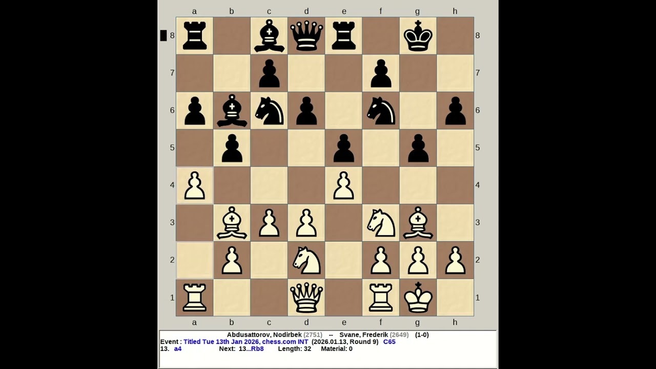 Abdusattorov, Nodirbek vs Svane, Frederik | Titled Tuesday 13th January 2026, chess com INT