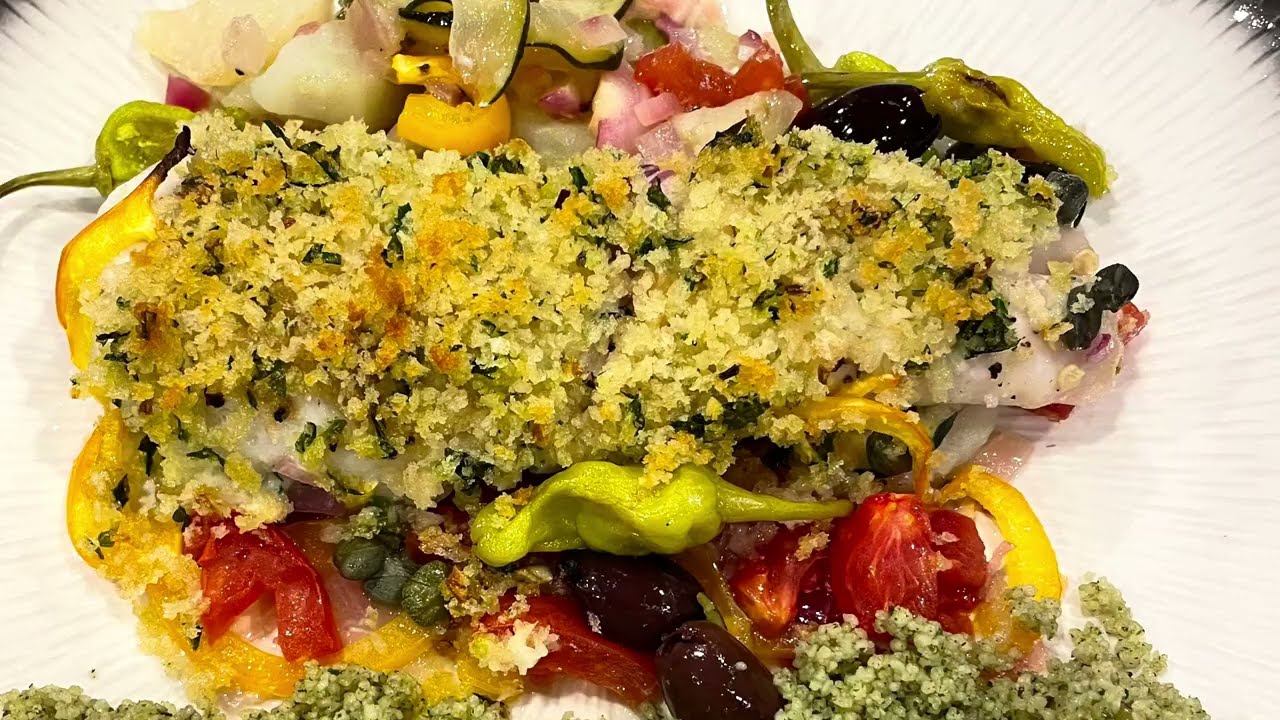 Mediterranean Halibut Bake with Crispy Panko Topping...Only one pan