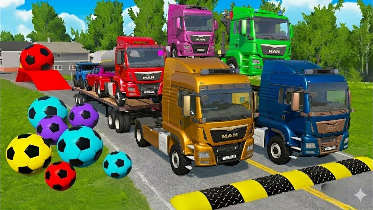 Double Flatbed Trailer McQueen Transportation with Truck Speedbumps vs Cars vs Train BeamNG #009