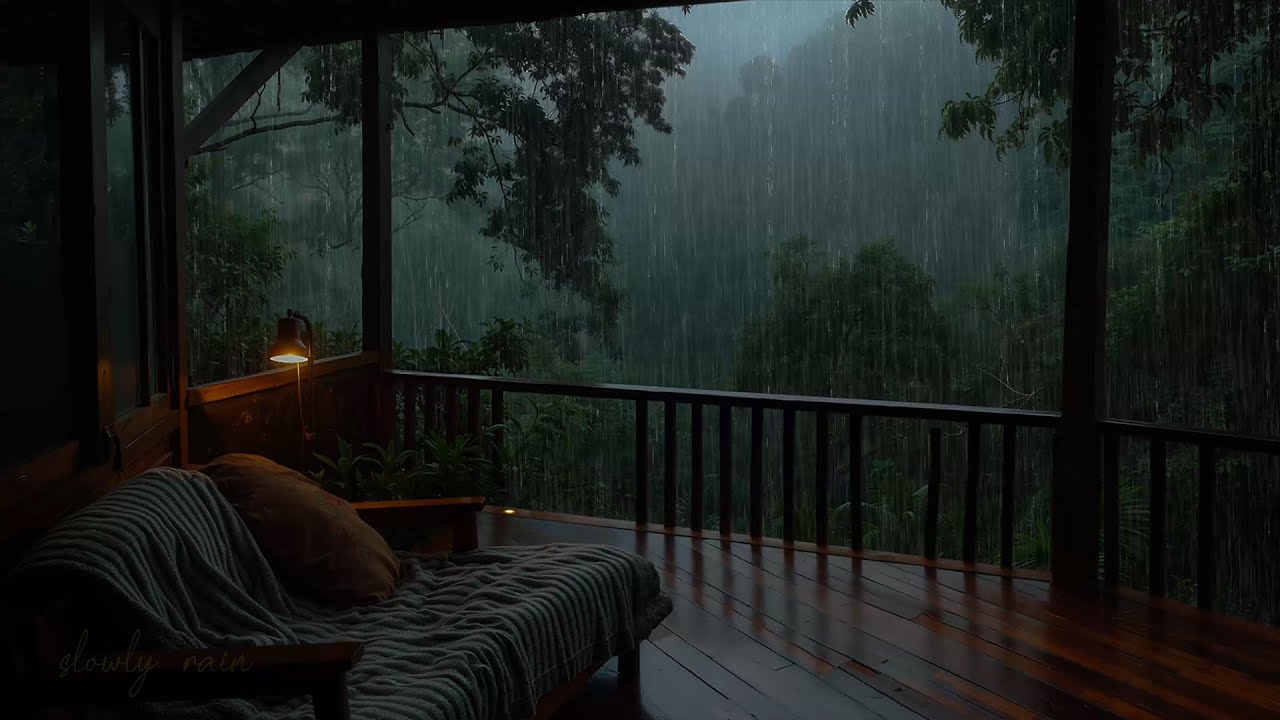 Listening Heavy Rainfall in the Rainforest – Natural White Noise on a Wooden Porch 🌧️ Rain ASMR