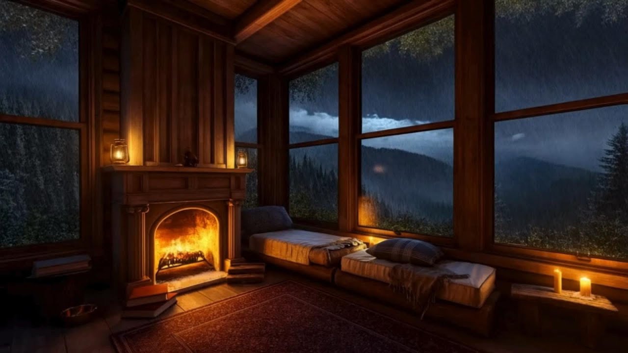 Cozy Cabin with Fireplace and Thunderstorm | Rain Sounds for Sleeping and Relaxation