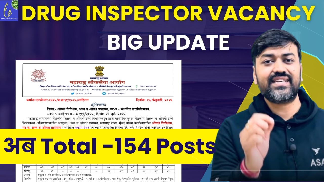 Drug Inspector Vacancy MPSC BIG UPDATE 🔥 Total 154 Vacancy Official Notice | 45 Post Increase