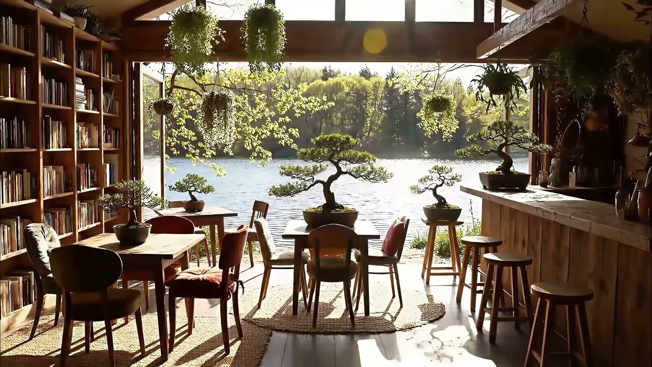 Relaxing Spring Ambience | Bohemian Cafe Overlooking the Lake with Sweet Birdsong