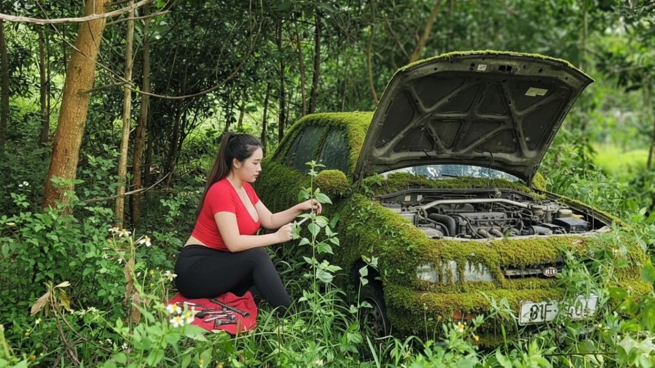 The girl repaired and restarted the abandoned Kia car and test-drove it