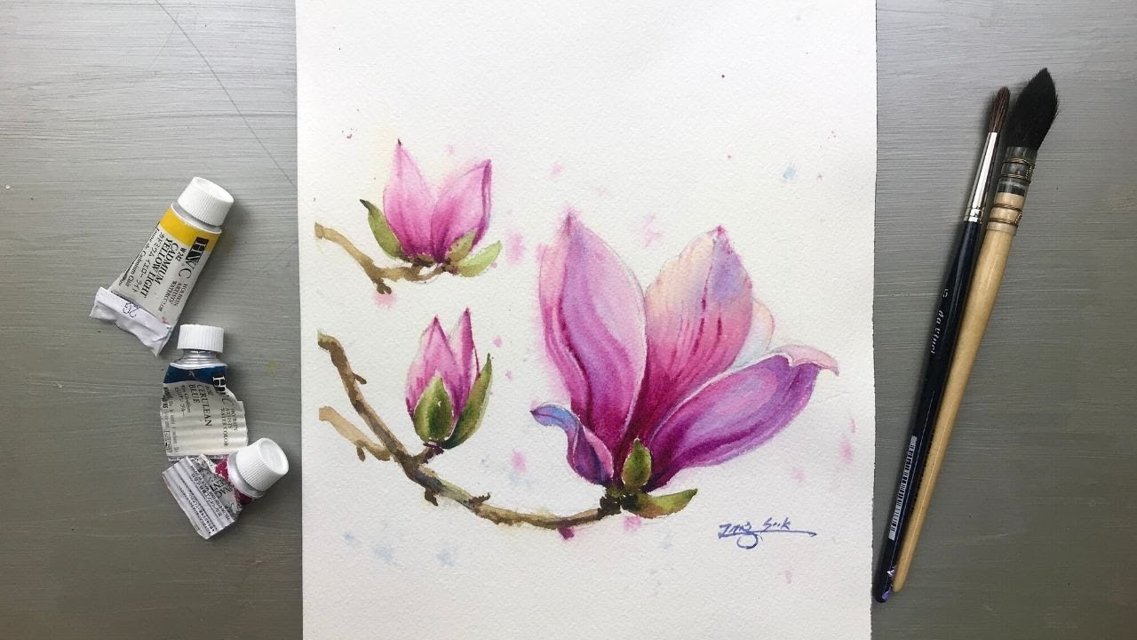 Watercolor Painting - The Blooming Magnolia in Spring-Tutorial Step by Step