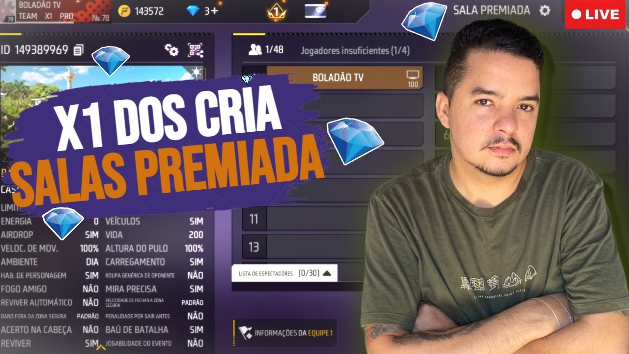 X1 DOS CRIAS 💎 SALA PREMIADA 💎 FREE FIRE AO VIVO 💎FF LIVE 4X4 E 6X6💎