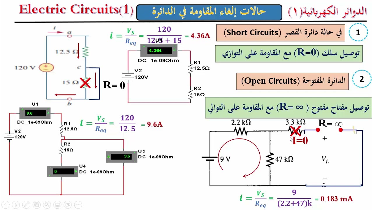 دورة تحليل الدوائر الكهربائية(9)|حالات إهمال المقاومة وإلغائها من الدائرة