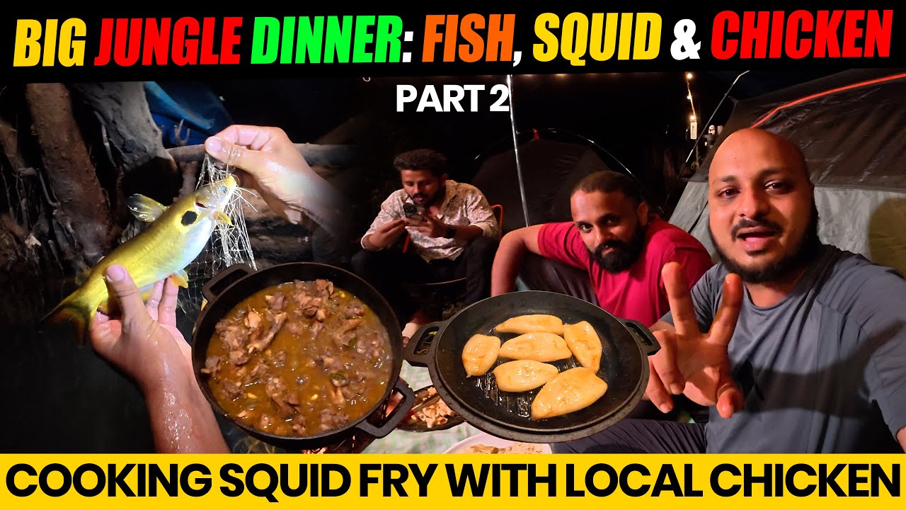 Jungle Riverside Camping Part 2 | Fish, Squid & Chicken Feast
