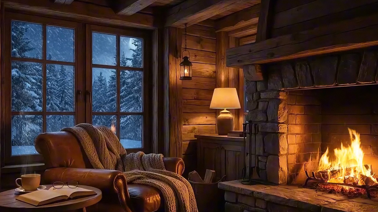 Cozy Cabin Fireplace Ambience ❄️ Snowstorm Night | Soft Piano & Crackling Fire