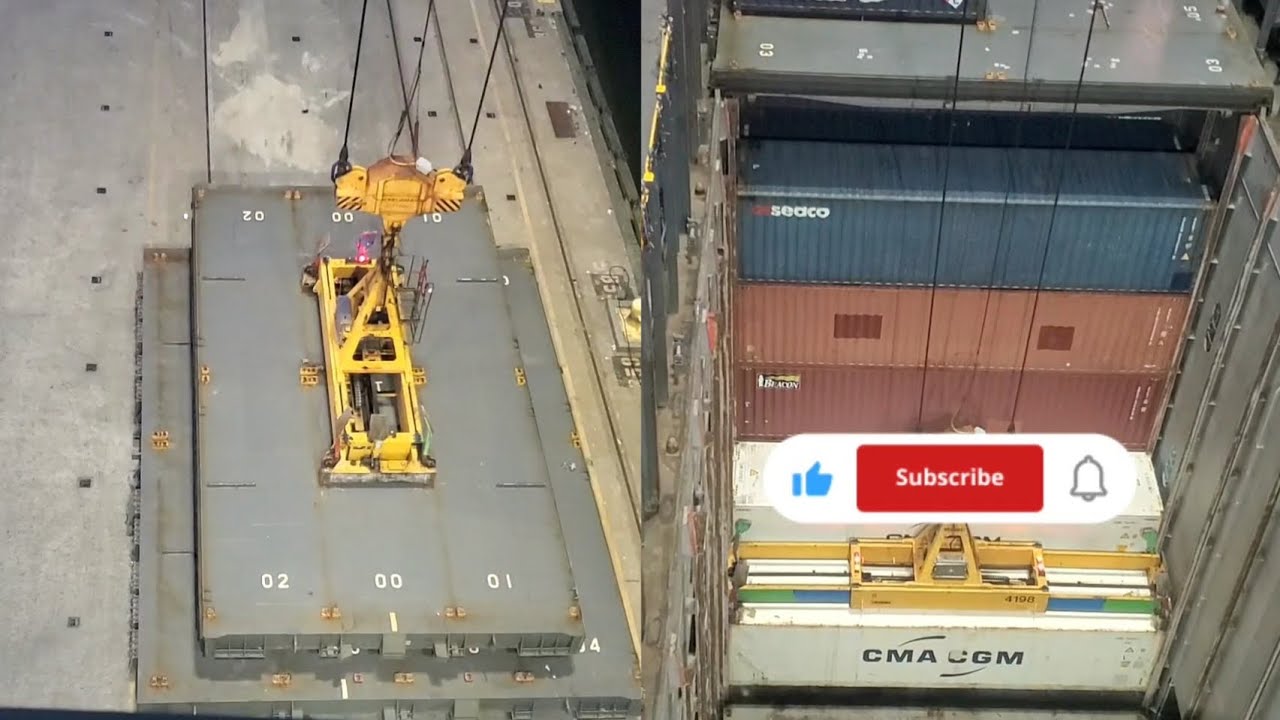 removing HATCH COVER then discharging 40ft containers reefer from below DECK