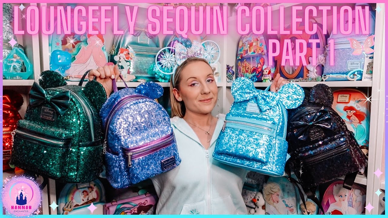 Disney Sequin Loungefly Mini Backpack Collection Part 1 Disney Parks Vlog Black Purple Blue Green
