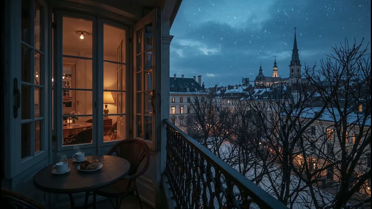 Snowy European Night Balcony ☕ Cozy Jazz for Relaxing, Studying & Late Nights