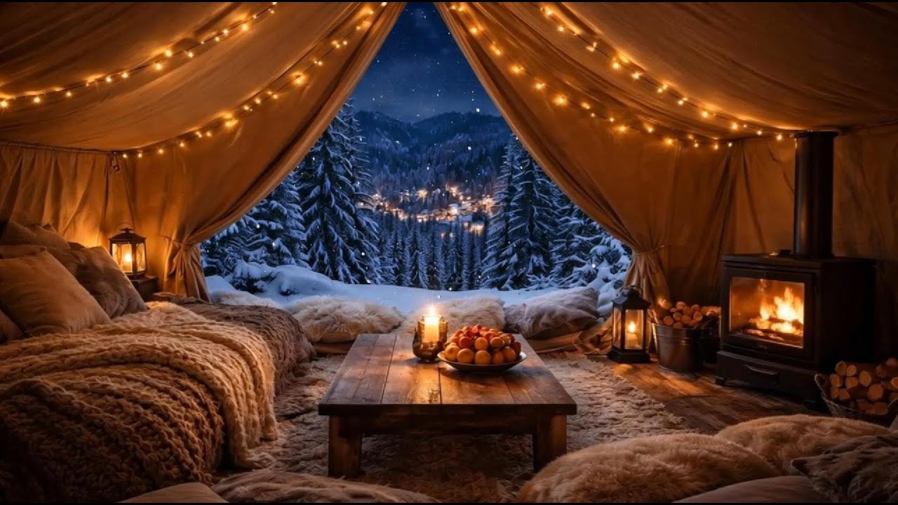 🔴 24/7 Cozy Snow Tent 🔥 Relaxing Fireplace & Ambient Music