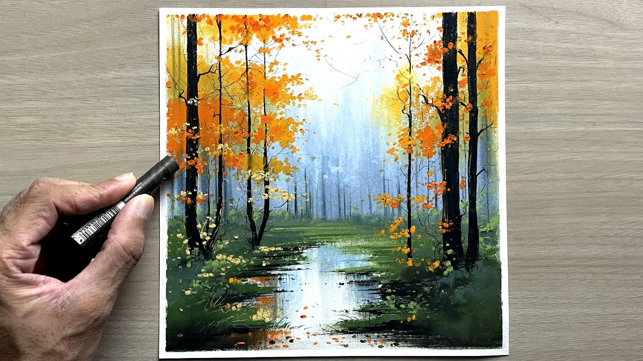 Misty autumn scenery - oil pastel