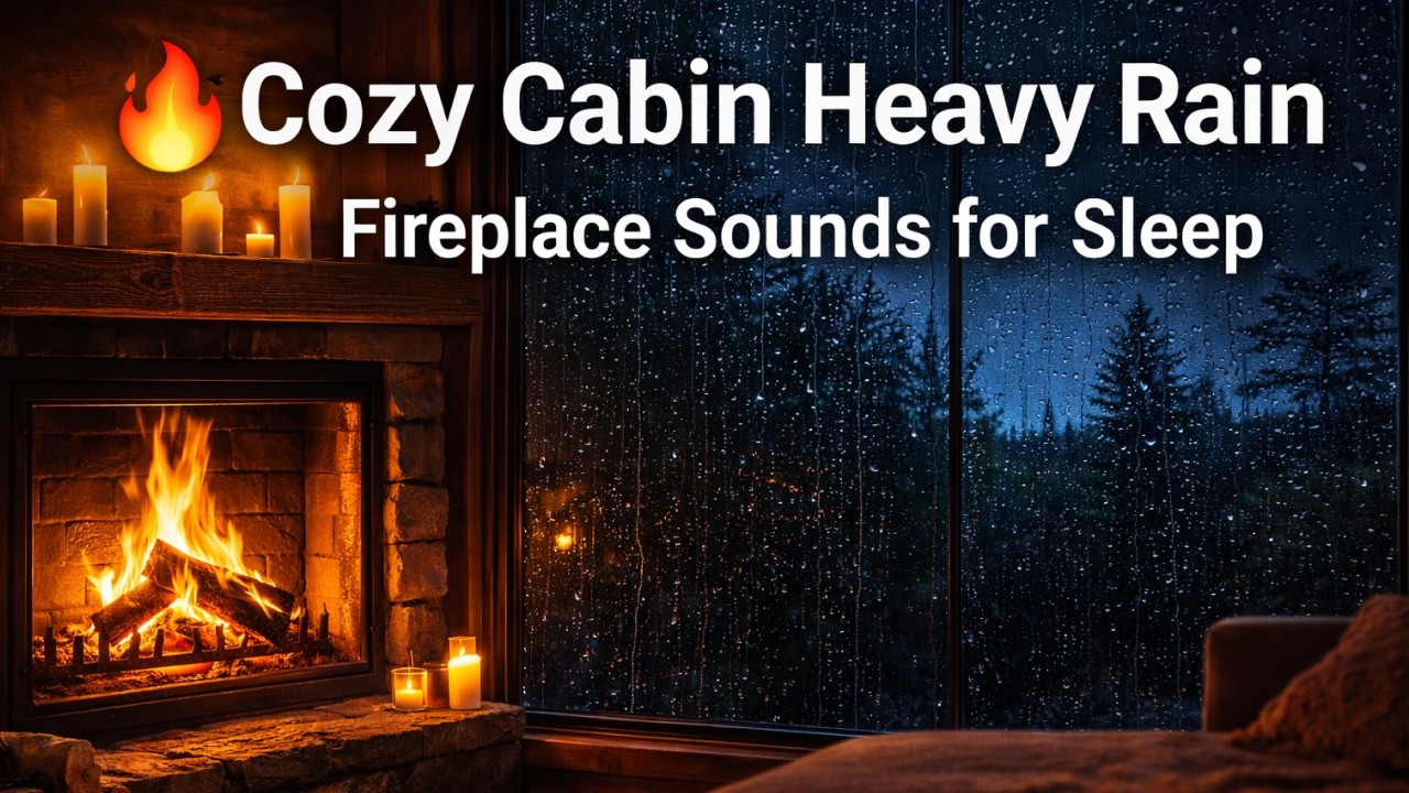 🔥 Cozy Cabin Heavy Rain 🌧 Fireplace Sounds for Sleep