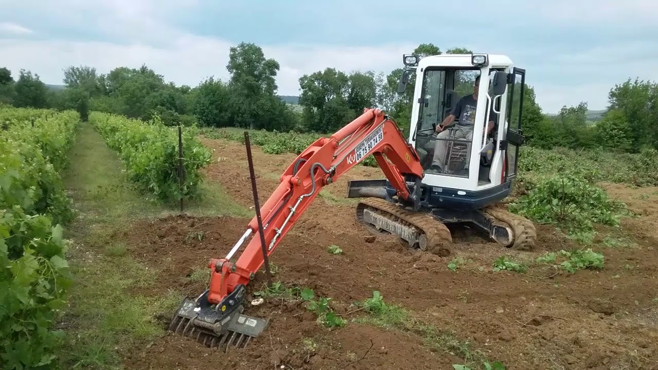 ARRACHAGE  DE  VIGNES  AU  PIC SAINT  LOUP  AVEC  KUBOTA  KX 71 . 3