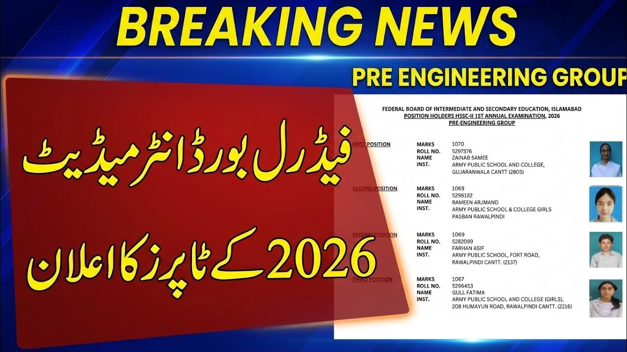 Federal Board Class 12 Toppers Annual 2026 | Fbise HSSC II Pre Engeering Group Toppers 2026 | 