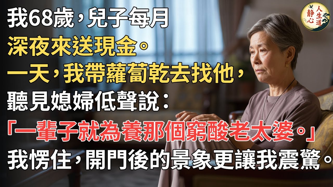 【我68歲】兒子每月深夜來送現金。一天，我帶蘿蔔乾去找他，聽見媳婦低聲說：「一輩子就為養那個窮酸老太婆。」我愣住，開門後的景象更讓我震驚。