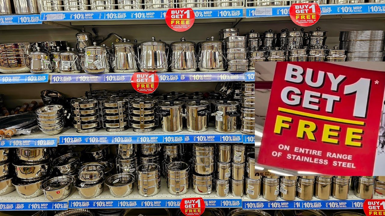 Dmart Reliance dhamaka sale Buy1get1 / Flat 50% off on all stainless steel kitchen-ware starting ₹12