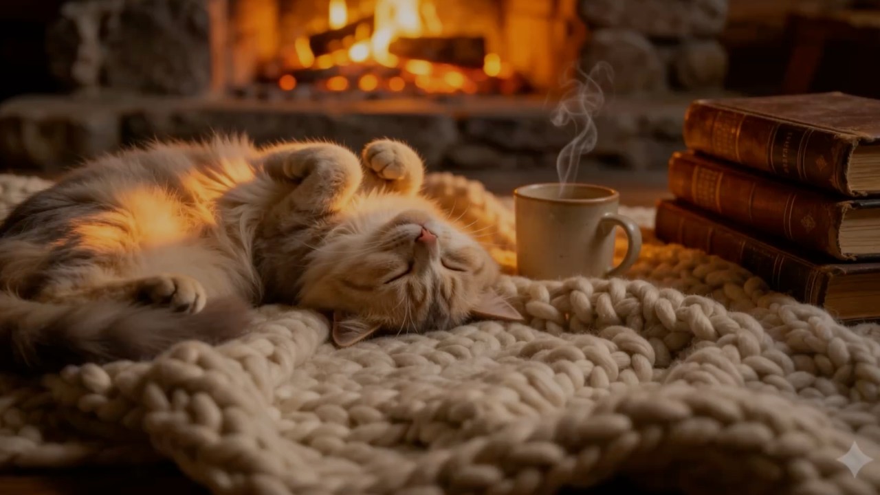 POV: Sleeping Next to a Cat by the Fireplace 🔥 8 Hours of Deep Sleep Ambience