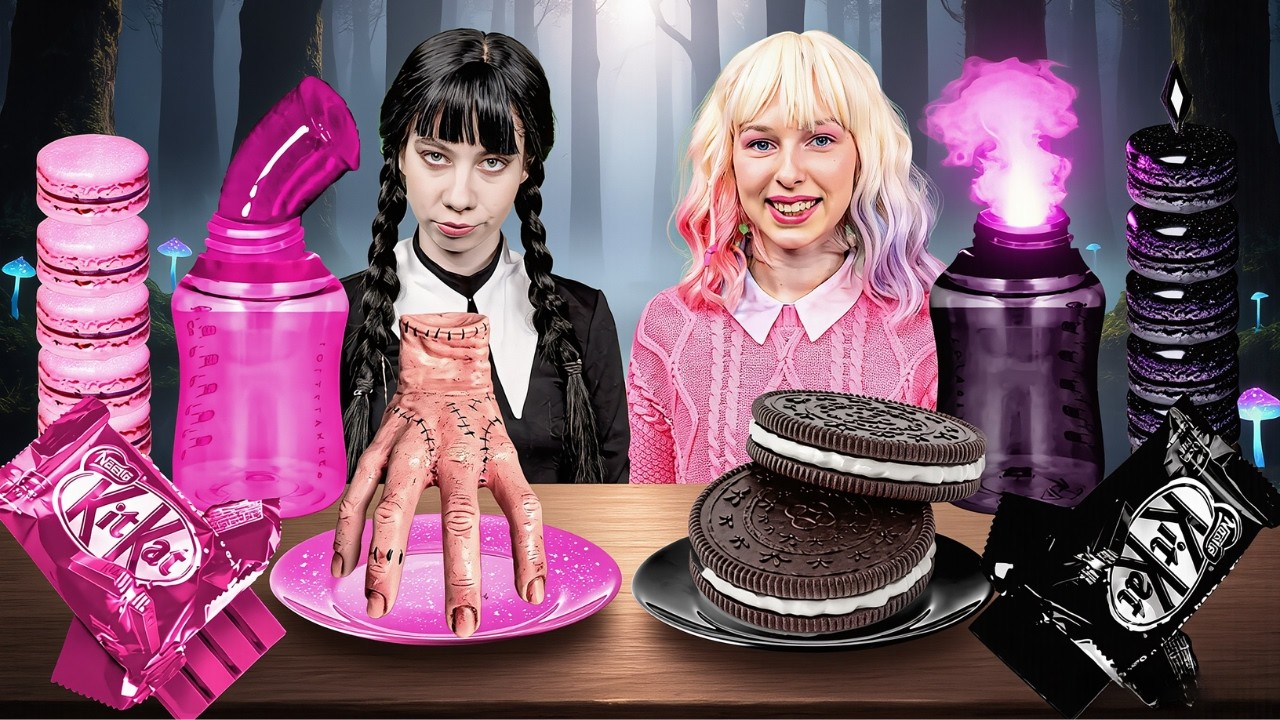 Pink VS Black Food Challenge! Wednesday VS Enid | Funny Food Situations
