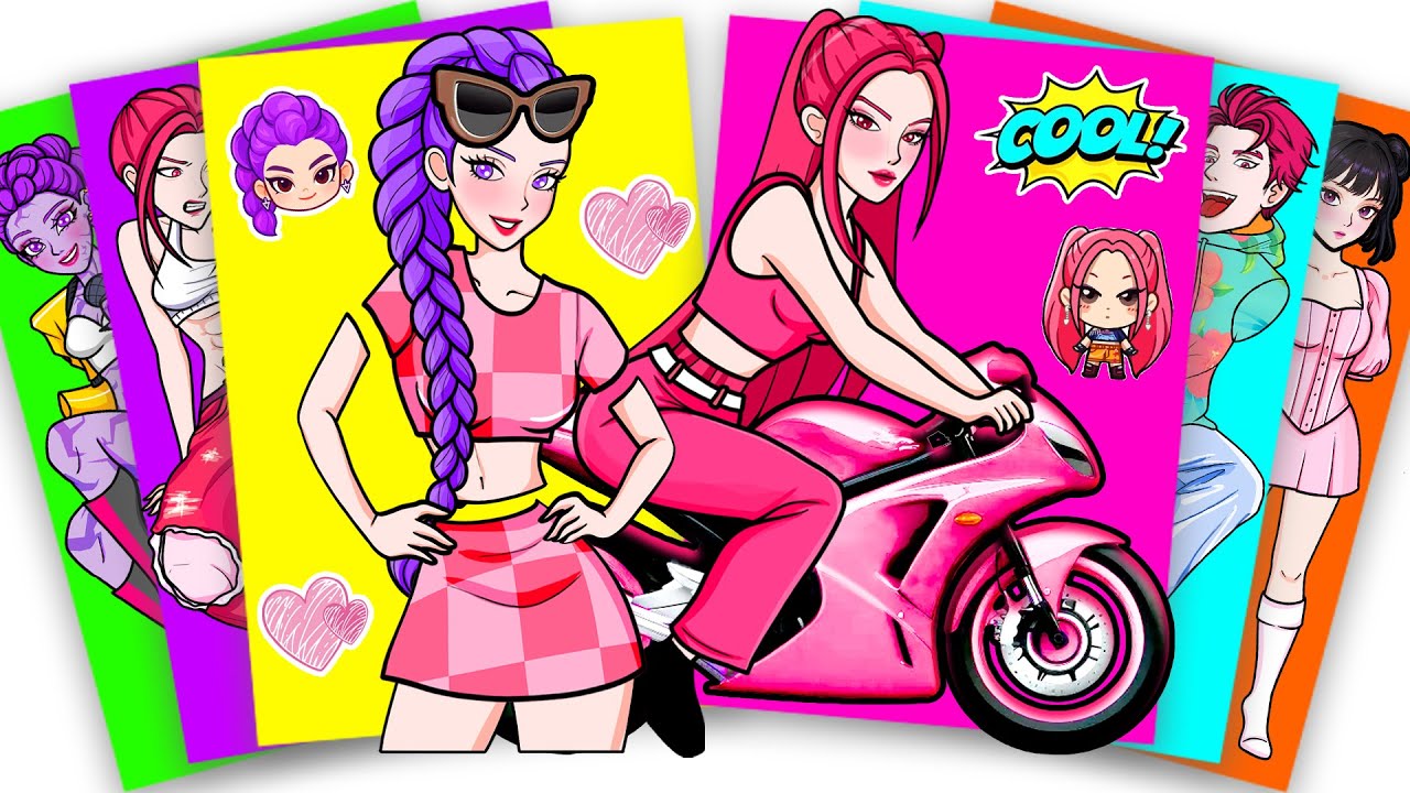 HUNTRIX RUMI and MIRA DRESS-UP PINK OUTFIT - KPOP DEMON HUNTERS | FASHION STICKER PAPER DIY