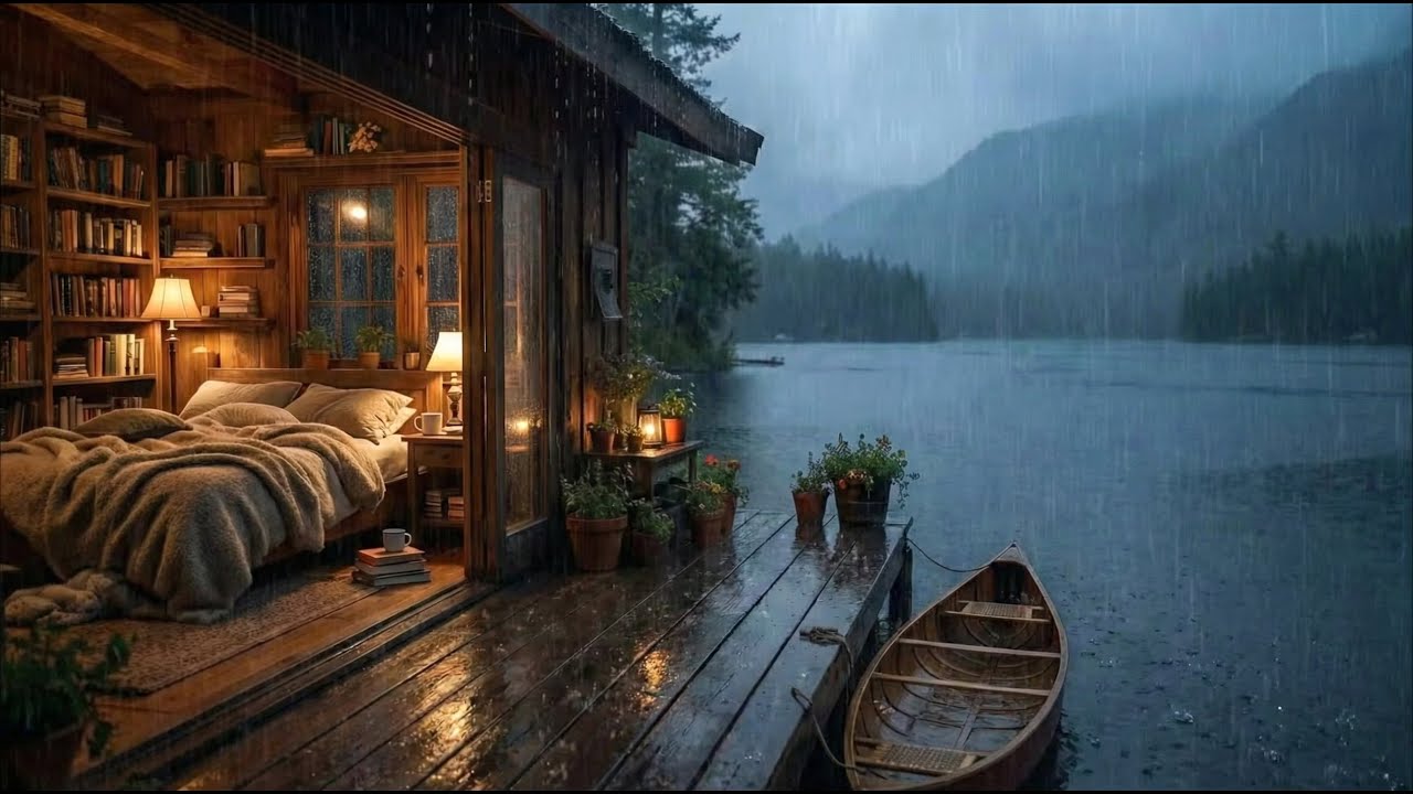 No ads, 3 Hours of Rain & Relaxation in a Lakeside Cabin