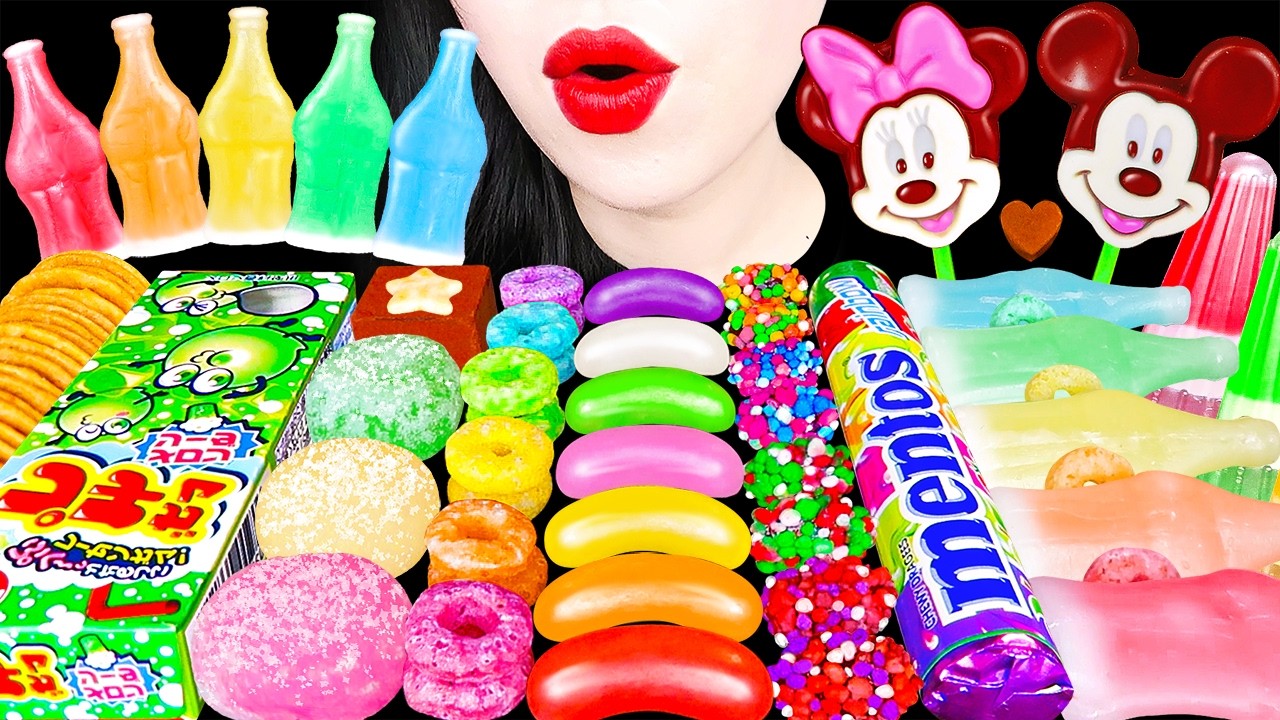 ASMR RAINBOW DESSERTS 무지개 길쭉젤리, 미키미니 초콜릿, 닉클립 왁스병 FROZEN MOST POPULAR FOODS EATING SOUNDS MUKBANG 먹방
