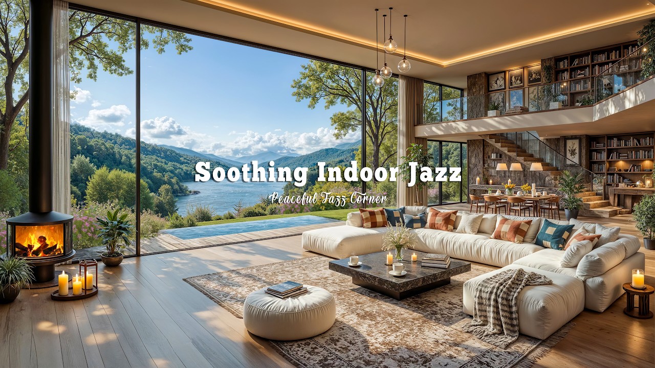Soothing Indoor Jazz Music With Lakeside Views | Morning Villa Ambience In Forest For Positive Mood