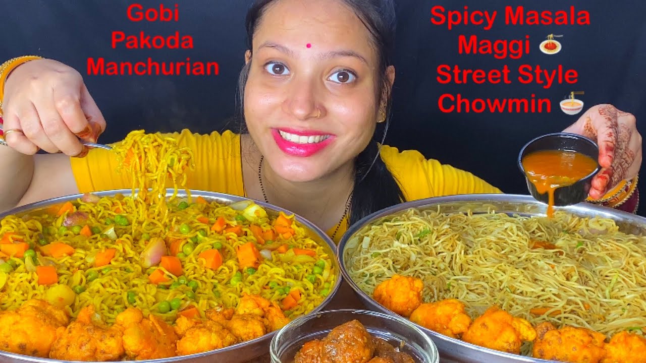 Eating Spicy 🍝Maggi Masala, Chowmin, Gobi Pakoda, Manchurian | Indian Masala Maggi Eating Challenge