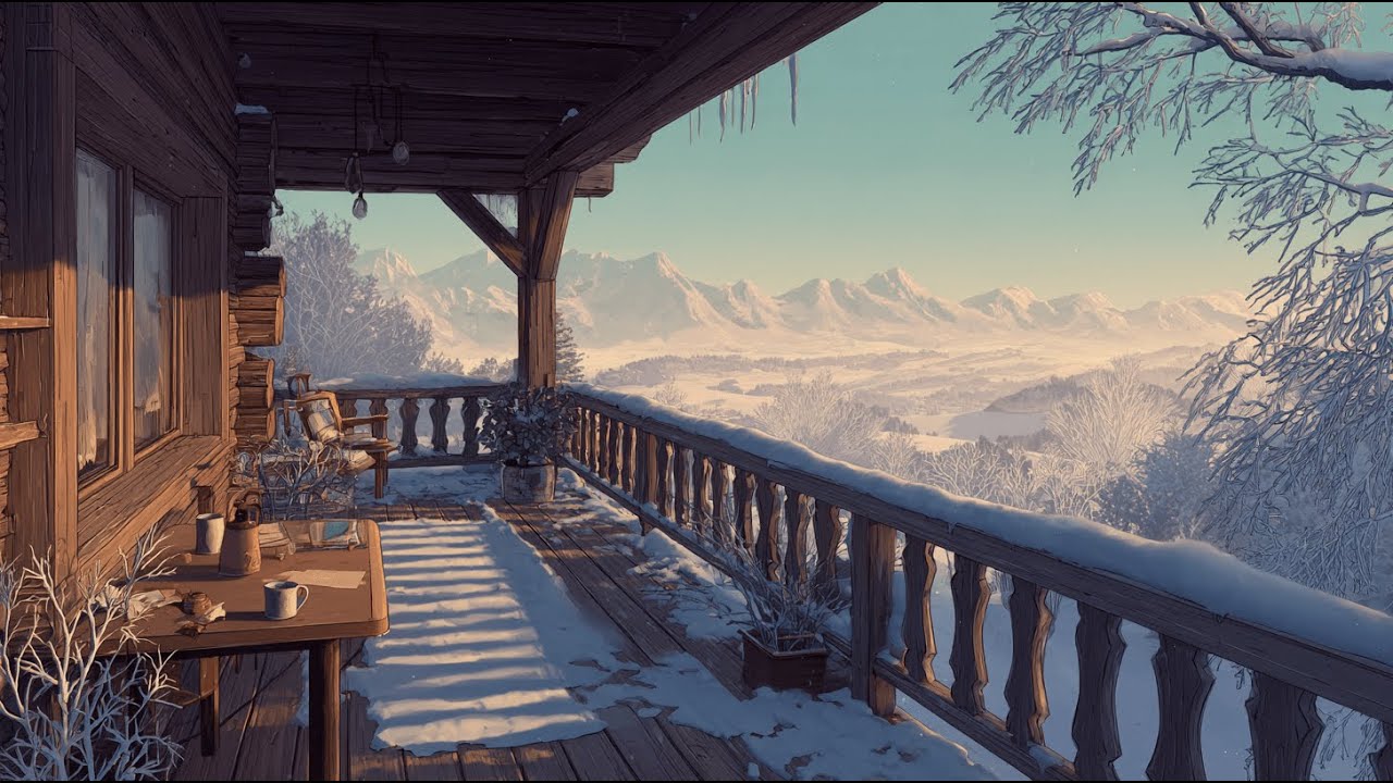 Winter Balcony with Soft Snow ❄️ Cozy Night Ambience
