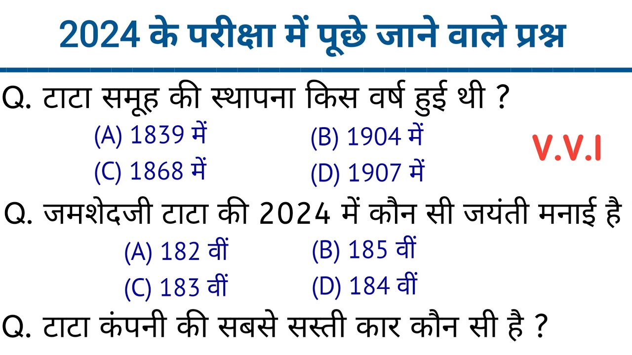TOP 20 : टाटा कंपनी से संबंधित प्रश्न | Tata Steel gk questions | SSC | UPSC | GK/GS questions