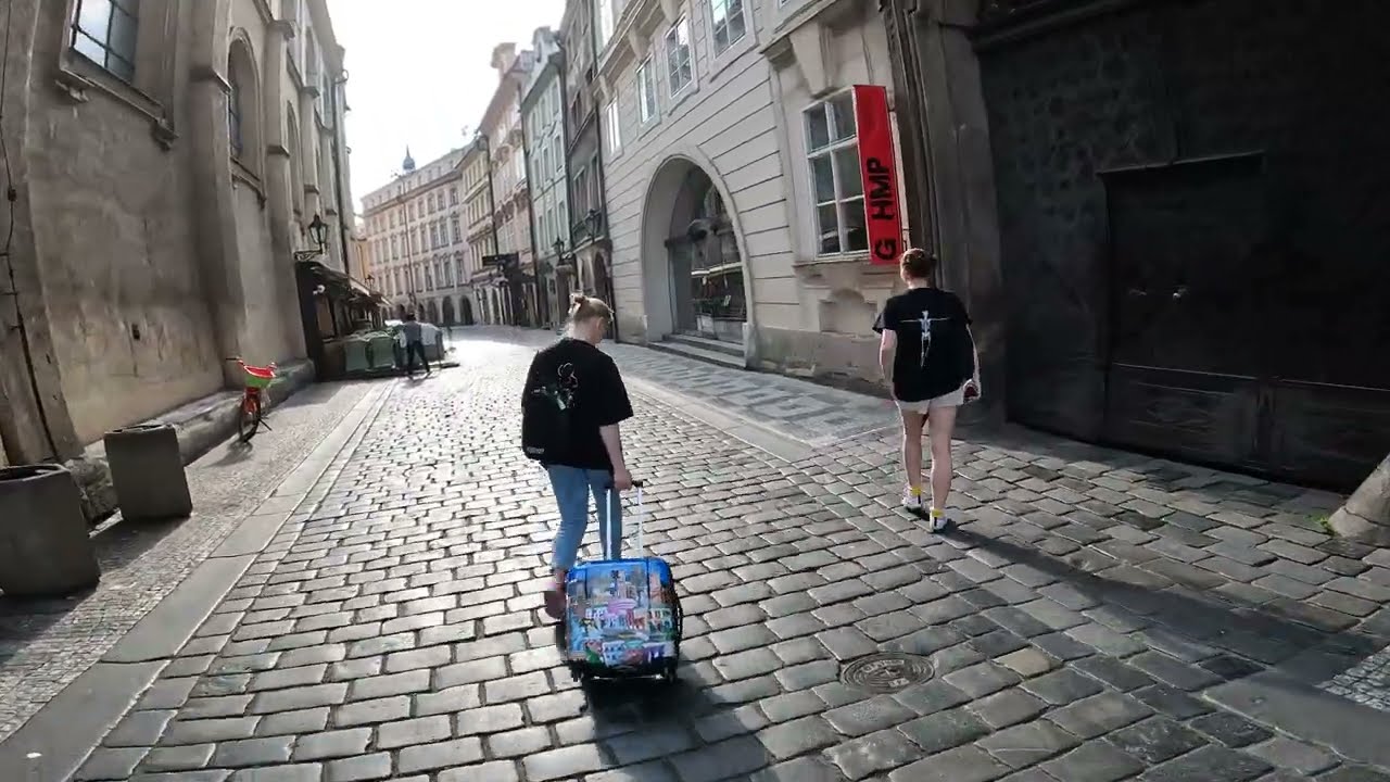 Walk through empty streets of Prague in the morning