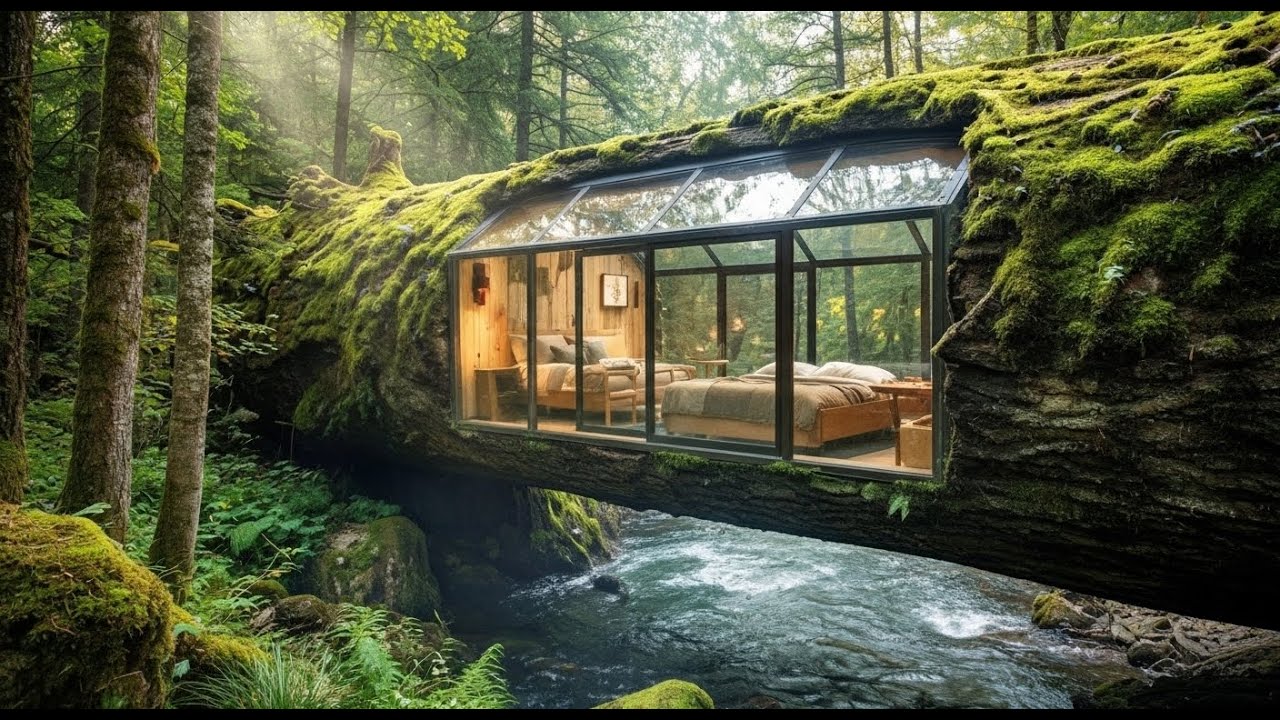 Building A Secret Room Inside A Tree Trunk Over A Waterfall (ASMR)