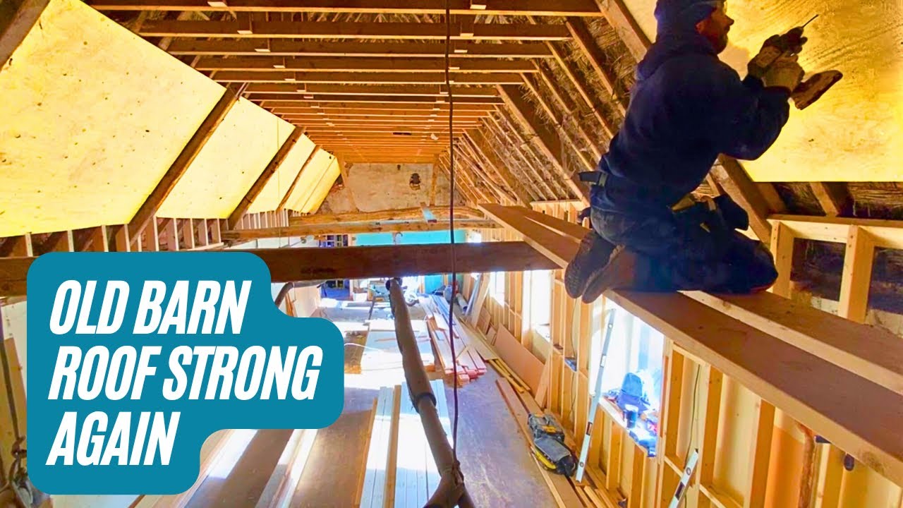 Reinforcing wonky Rafters with plywood. Barn Conversion.