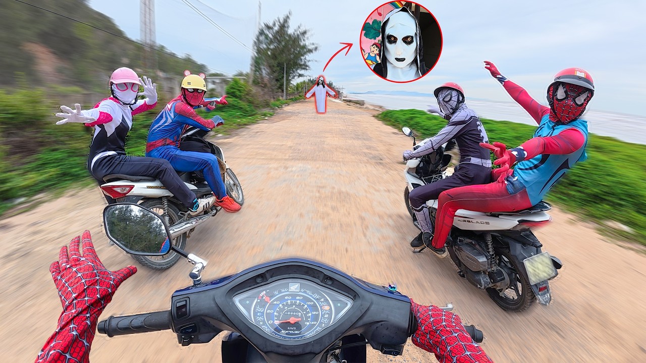 A chase on the racetrack! 5 Spider-Men flee from the Serbian Dancing Girl (First-person perspective)
