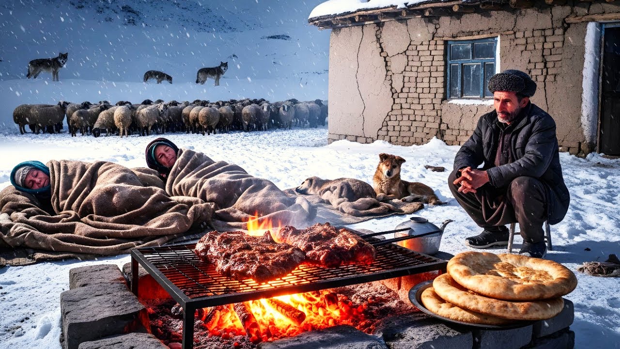 Afghanistan’s Coldest Village | Daily Life of a Shepherd with Fresh Baked Bread & Roasted Meat