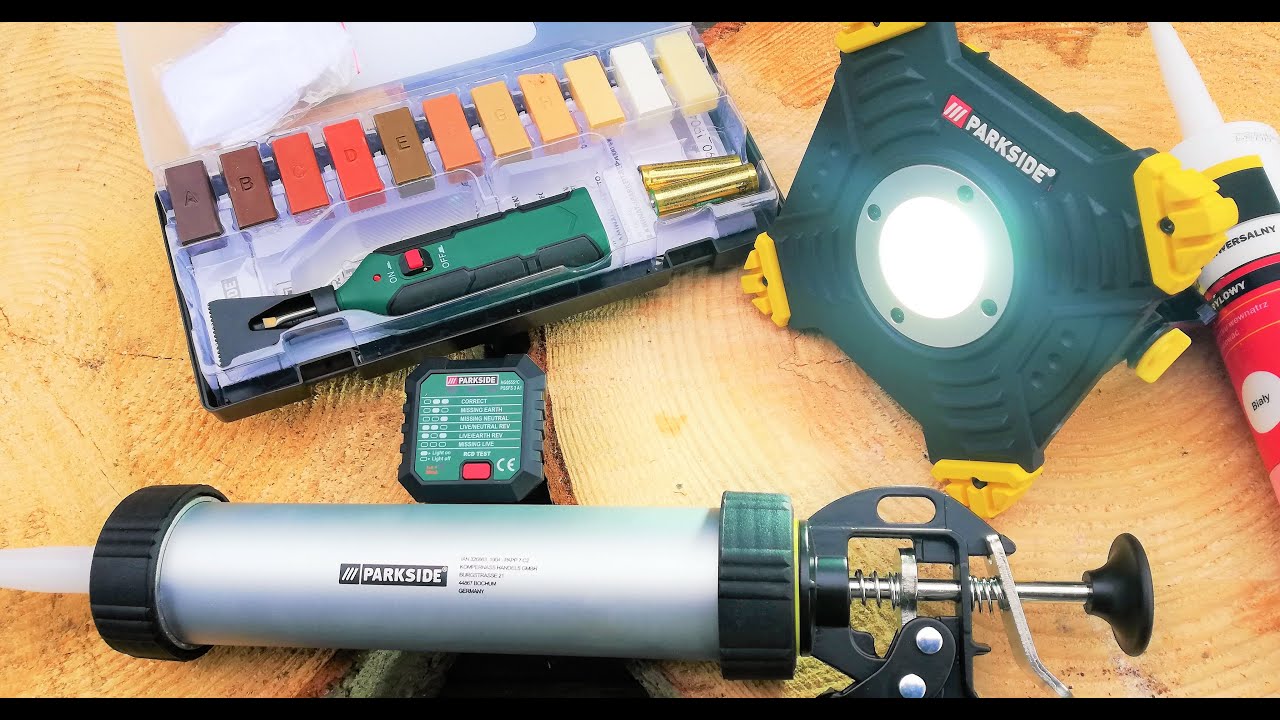 Mega paczka Parkside & Reflektor 6000 mah, naprawa laminatu, pistolet do kartuszy, tester gniazd